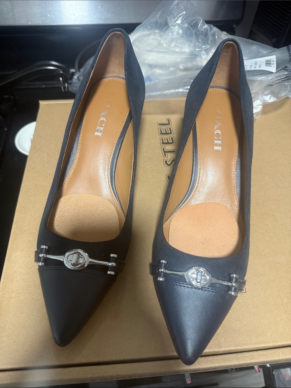Coach Black Pointed Leather Pumps with Silver Hardware